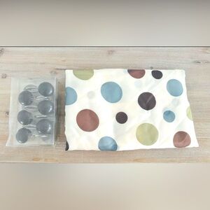 Shower Curtain and Hooks - NEW polka dot material curtain and brown metal hooks